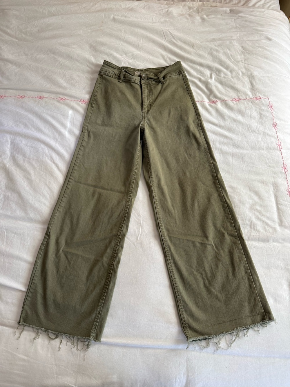 OAT Olive Wide-Leg Frayed Hem Jeans